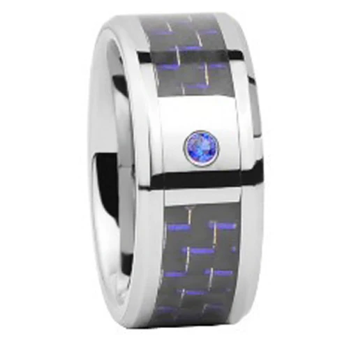 

10MM Tungsten Carbide Wedding Ring with blue&black carbon fiber set blue CZ stone wholesale dropship custom engraving available