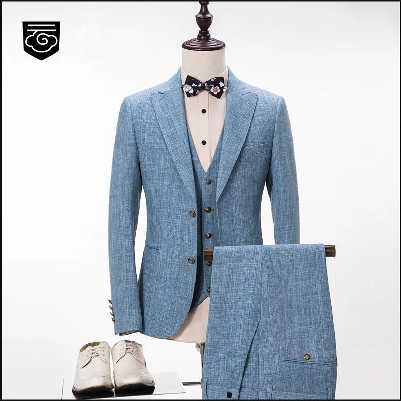 

2019 Light Blue Style Men Suits Blazers Male Groom Wedding Prom Tuxedo Business Formal Clothing Jacket+Pants+Vest 3 Piece