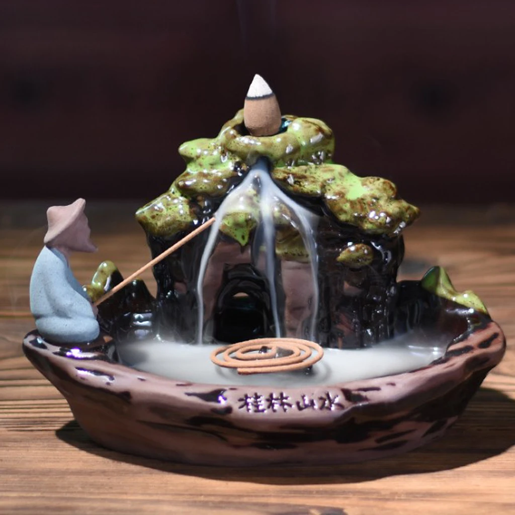 Ceramic Mountain Boat Incense Burner Stick Cones Backflow Incense Holder Home Decor Figurines Miniatures - Meditated and Peace