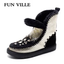 FUN VILLE New Fashion Woman snow boots gold silver Real Fur Wool Ankle boots warm Winter