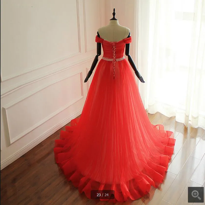2017 реальное изображение красное Тюлевое вечернее платье трапециевидной формы с