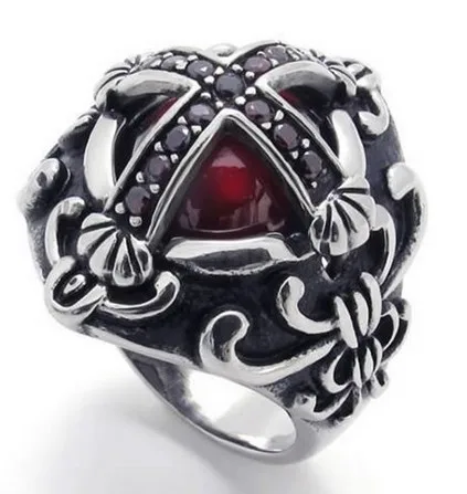 

Vintage Stainless Steel Cubic Zirconia Cross Biker Mens Ring Red Silver US size 7 to 13 Drop Shipping