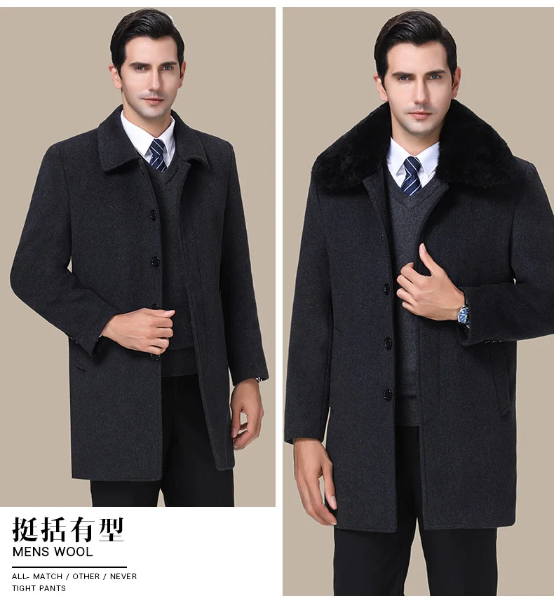 Настоящий меховой воротник из кролика Рекс шерстяное пальто осенне-зимняя куртка мужская деловая повседневная мужская куртка толстый теплый Тренч для мужчин ZT1765