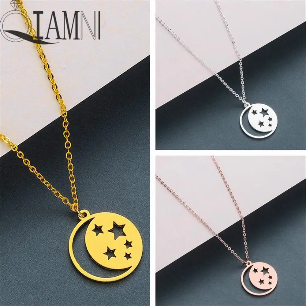 Ожерелье с кулоном QIAMNI Crescent Moon Star круглое геометрическое ожерелье для женщин и