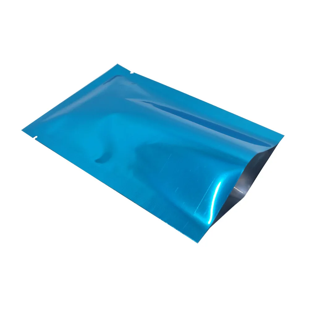 200Pcs Glossy Sky Blue Flat Aluminum Foil Vacuum Seal Package Bag Mylar Heat Seal Open Top Snack Tea Nuts Retail Storage Bags