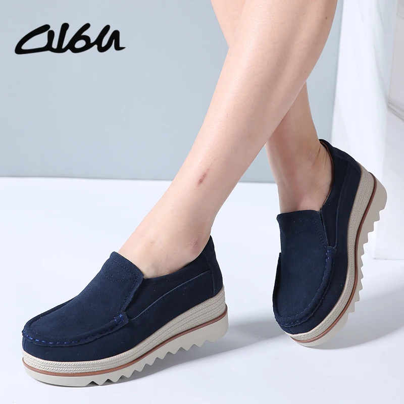 

O16U New Spring Autumn Moccasin Women Flats Shoes Genuine leather Shoes Lady Loafers Slip On casual Platform Woman Moccasins