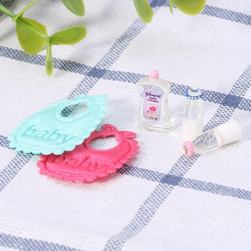 Drop ShiP New 1:12 Baby Bottles Shampoo Bib Set Doll House Miniature Nursery Accessory