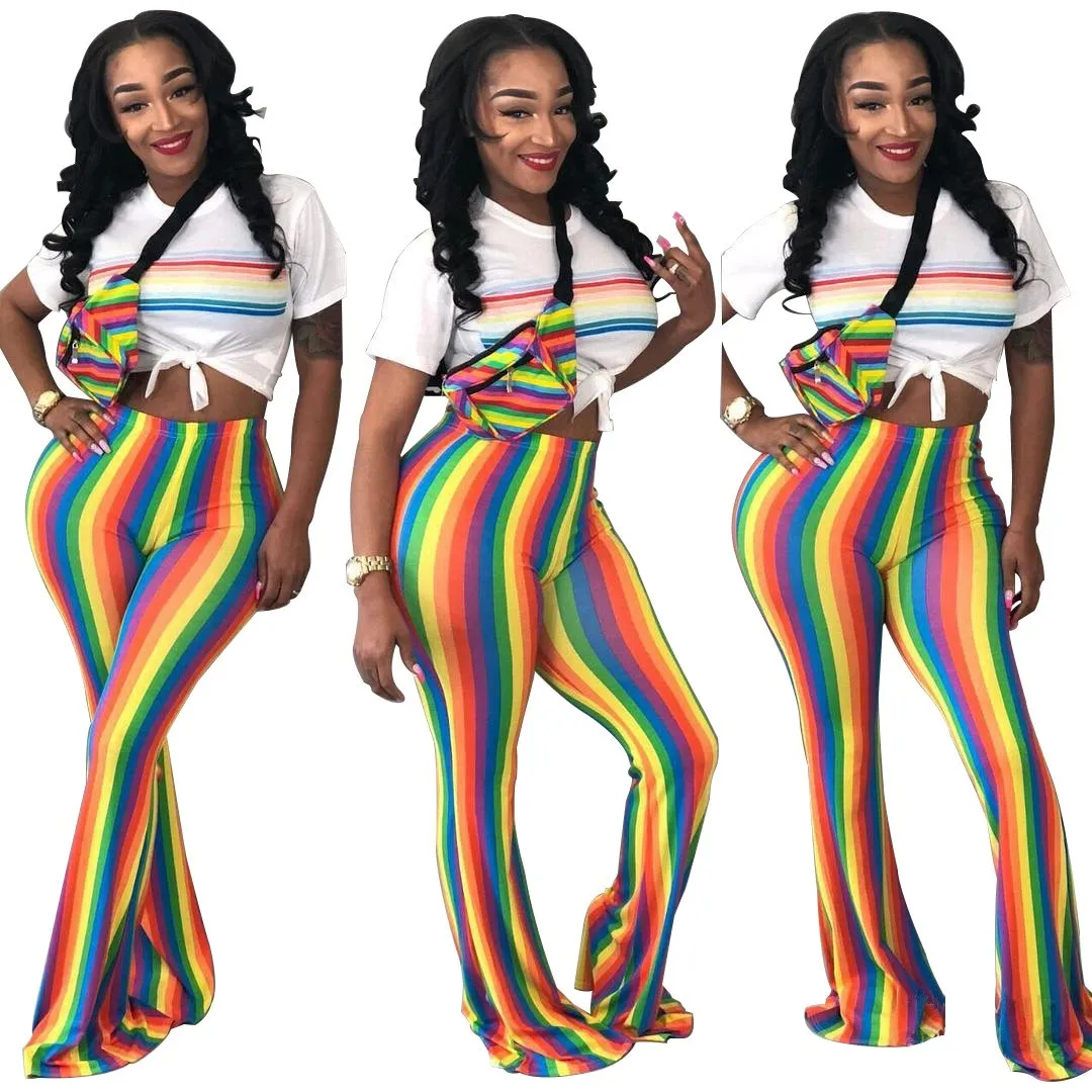 Hot Sale 2018 Fashion Stretch Ladies Bell Bottom Pants Women Trousers Skinny Rainbow Striped Printed Flare Pants Pants