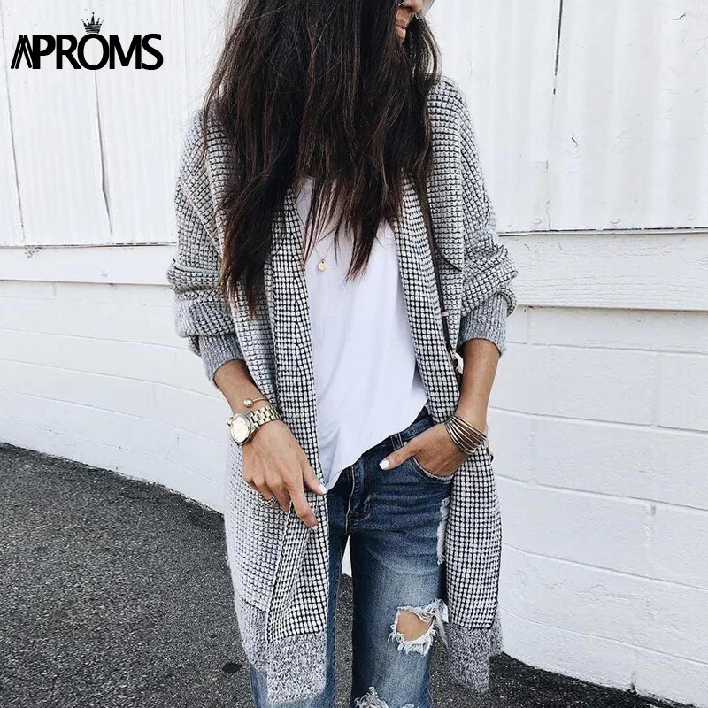 Aproms Elastic Plaid Knitting Long Cardigan Women Winter Sweater Knitted Cardigans Female Soft Casual Outwear Coat Pull Jumper Aproms Elastic Plaid Knitting Long Cardigan Women Winter Sweater Knitted Cardigans Female Soft Casual Outwear Coat Pull Jumper
