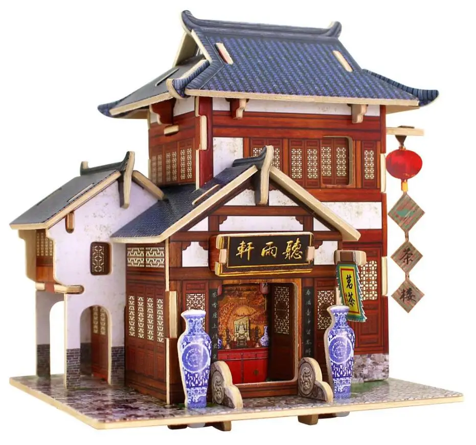 

1pc wood puzzle Chinese view building villa theatre tea house inn silk shop jigsaw puzzle kits boy children toy