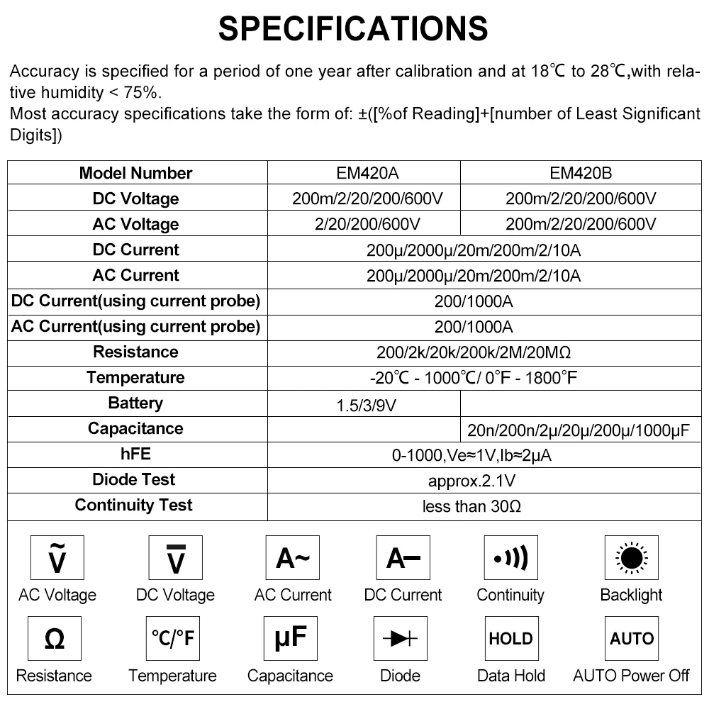 All-sun EM420A EM420B цифровой мультиметр AC/DC напряжение и ток мультиметр с непрерывностью диода батарея Емкость Тестер