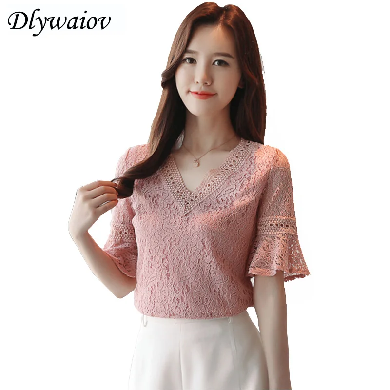 

Lace Short sleeve Top 2018 Summer New Lace Hollow V collar Fashion Shirt Horn Sleeve Elegant Womens Tops Vintage t shirt