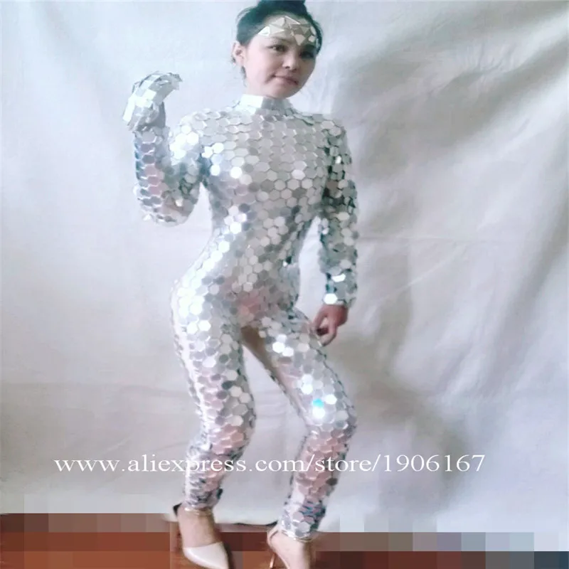 

Newest Catwalk Shows Mirror Women Body Suit Silver Color Stage Ballrooom Costume Mirror Party Suit Christmas Performance Clothes