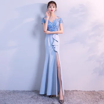 

O Neck Gold Embroidery Sexy Split Mermaid Long Evening Dresses Vintage Party Lace Short Sleeve Prom Gowns suknia wieczorowa