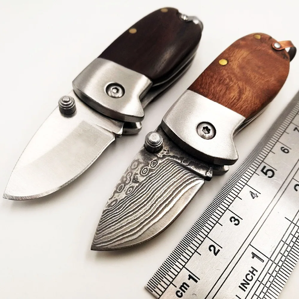 Comprar Hecho a mano Mini cuchillo plegable de Damasco 440C mango de madera hoja caza cuchillos de bolsillo táctico EDC Camping supervivencia herramientas llavero