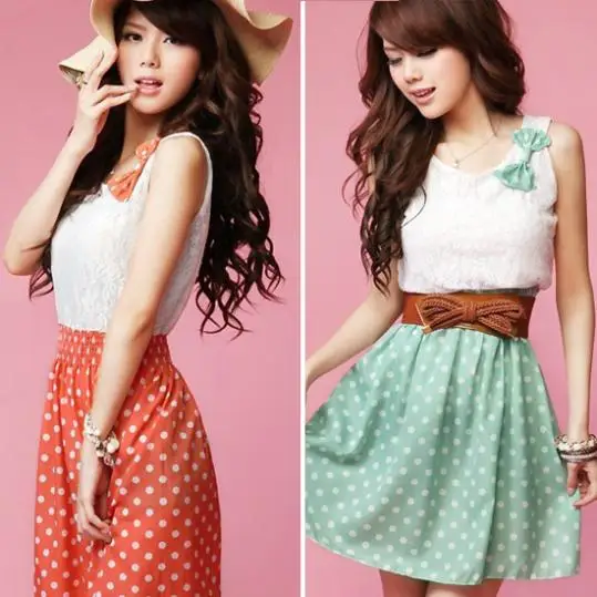 2013 New Fashion Women's Sweet Lovely Lace Chiffon Polka Dot Sundress Mini Dress #414 | Женская одежда