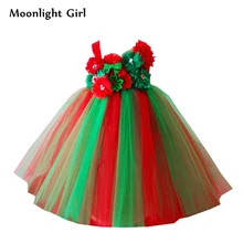 КРАСНОЕ И Зеленое рождественское платье-пачка для девочек длинное платье принцессы из тюля с цветами Детские Рождественские костюмы, праздничные платья PQ150