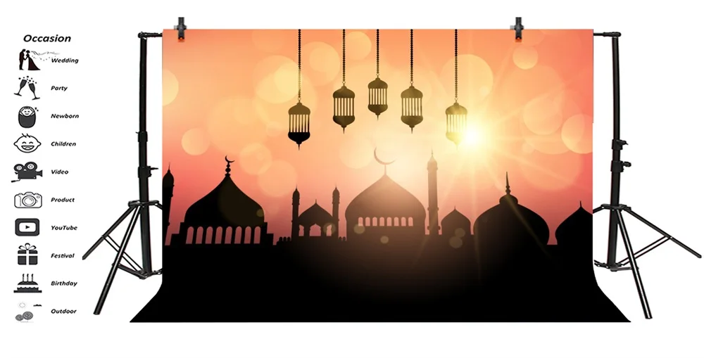 Laeacco Eid Crescent Moon Mosque Mubarak Light Bokeh Photography Background Customized Photographic Backdrops For Photo Studio