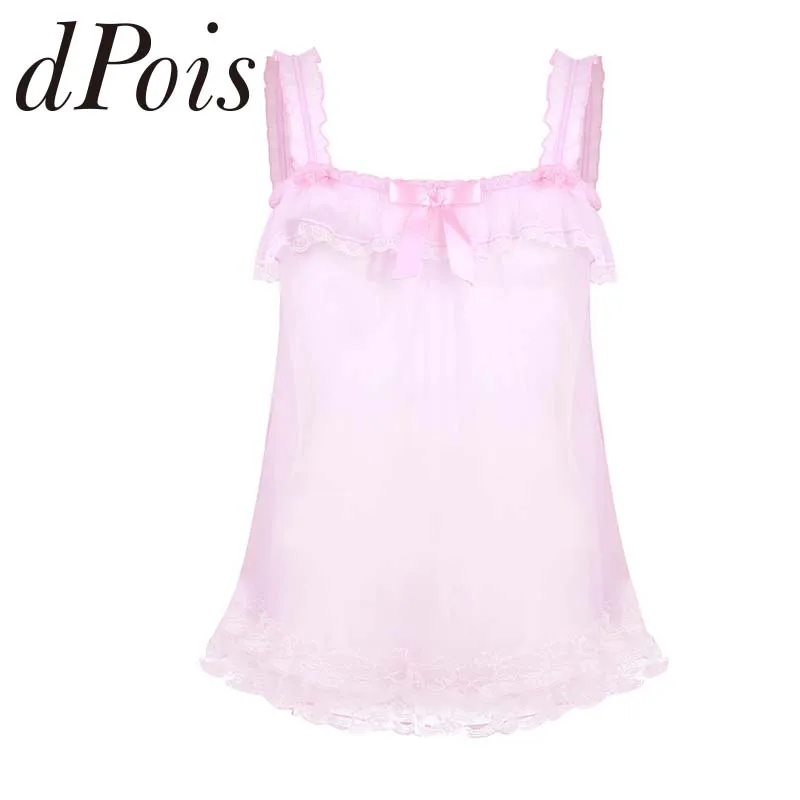 

Sissy Mens See Through Sheer Dress Elastic Shoulder Straps Frilly Ruffled Lace Hem Soft Tulle Dress Gay Male Lingerie Sleepwear