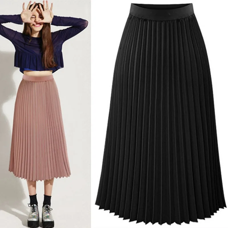 Fashion New Lady Women Summer Long Chiffon Skirt Elastic Waist Double Layer Midi Pleated Skirts