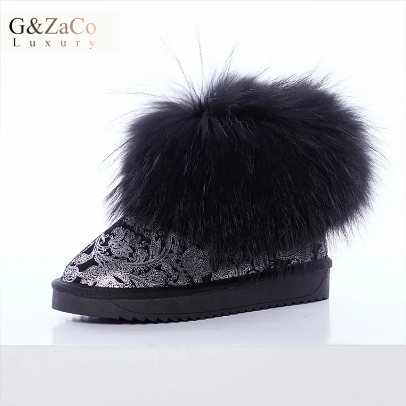 G&Zaco Black Fox Fur Snow Boots Flat Silver Printing Cowskin Ankle Boots Genuine Leather Short Women's Shoes Natural Fur Boots Women's Shoes