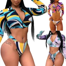 Empurrar para Cima do Biquíni 2019 Biquíni Conjunto Maiô Sexy Das Mulheres de Manga Comprida Impressão Zipado Biquíni Definir Praia Verão Maiô 3 Pcs