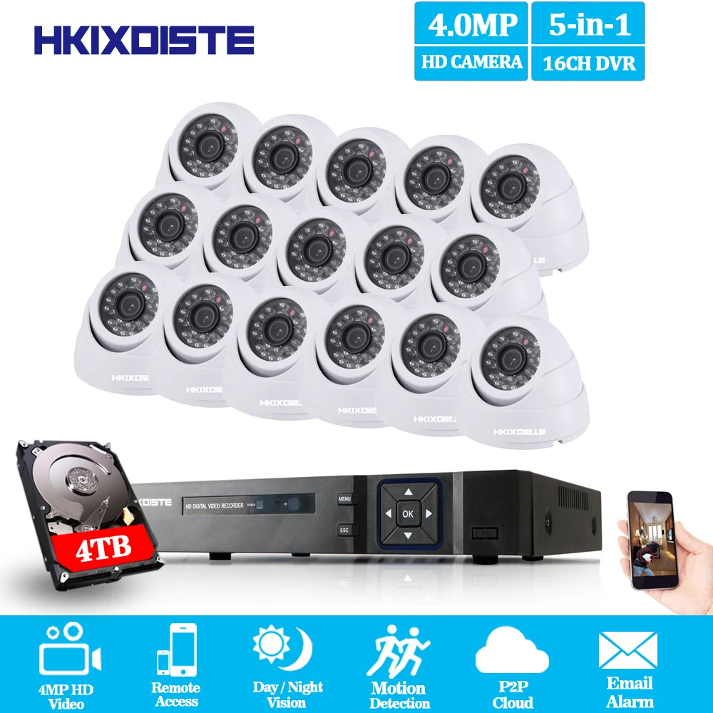 

Home Security CCTV Camera System 16CH 5MP 4MP NVR AHD DVR System Kit + 16PCS Leds 40M IR Night Vision indoor Dome 4MP AHD Camera