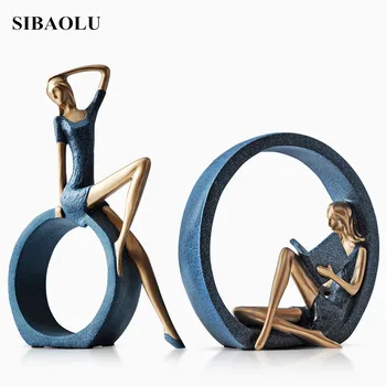 

Resin Abstract Girl Sitting and Girl Reading with Circles Statue Lady Figurine Gift Home Decoration Accessories Office Ornament