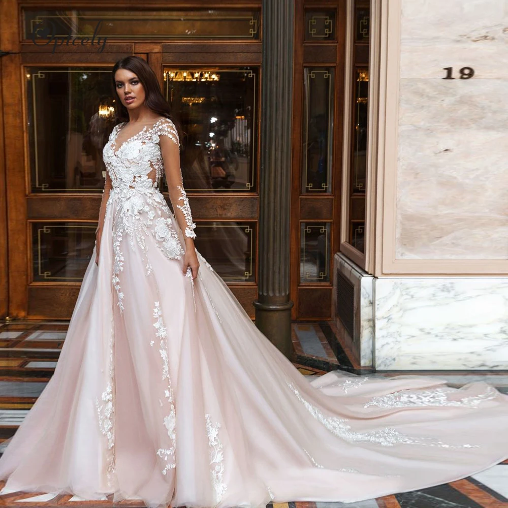 

Optcely Luxury O-neck A-line Wedding Dresses 2019 Vintage Appliques long Sleeve Sweep Train Satin Princess Bridal Gown Plus Size