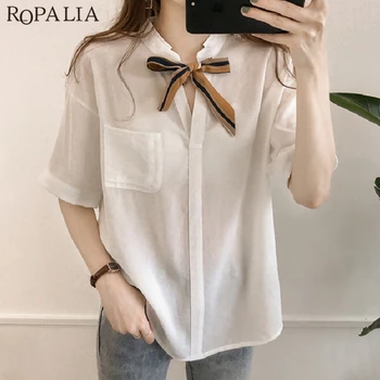 

B 2020 Fashion Sweet Women Blouse Shirt Summer Half Sleeve V-Neck Slim Thin Ladies Tops Striped Ties Pockets Shirts