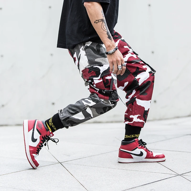 Японский стиль повседневное для мужчин брюки для бега военные большой карман брюки карго hombre красный серый сращены камуфляж Мода хип хоп