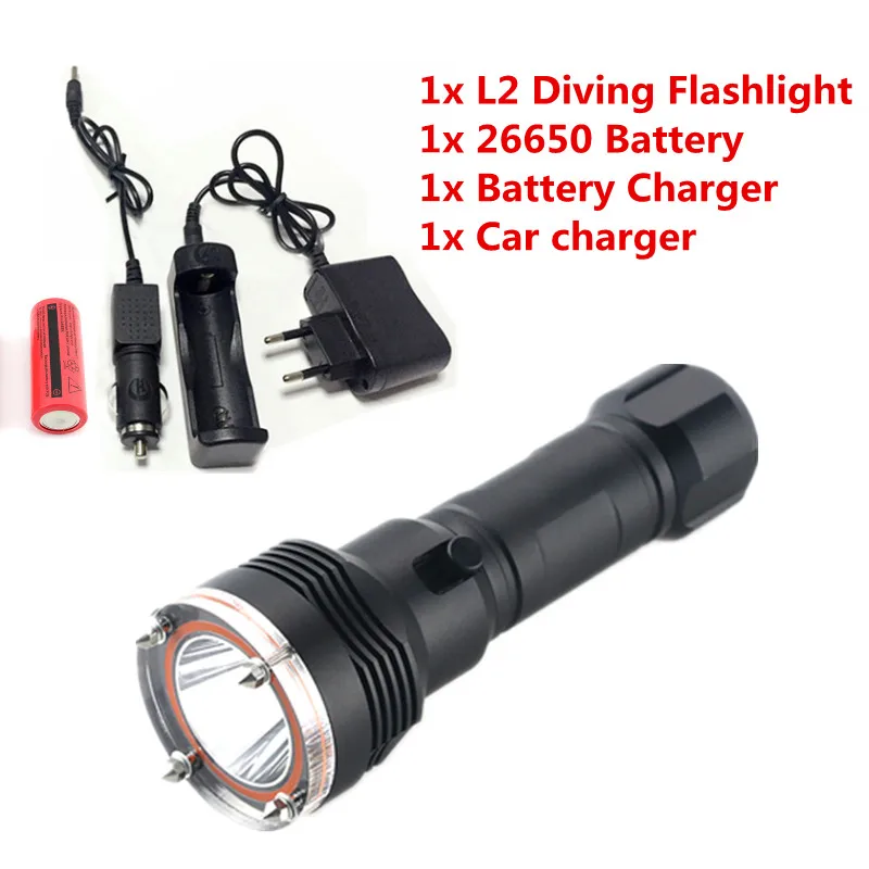 

2000LM CREE XM-L2 LED Torch Waterproof Diving Flashlight Underwater 100M & 26650 3000mah Battery+ Charger