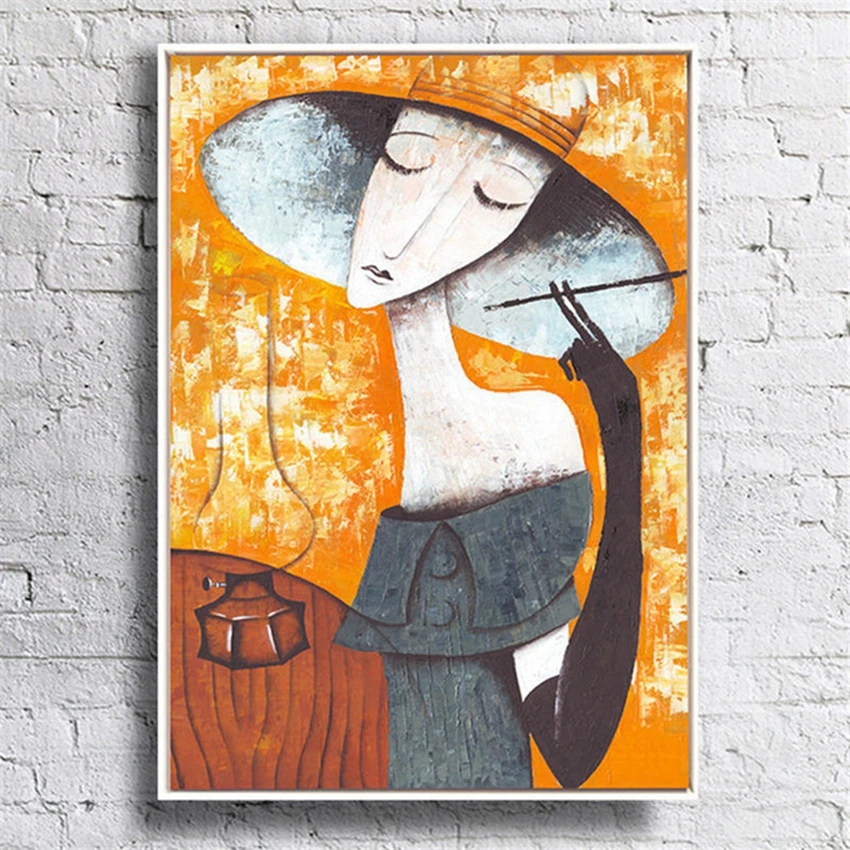 

Handmade Beauty Woman with a hat modern abstract Oil Painting wall art picture hanging art on Canvas for living Room home Decor