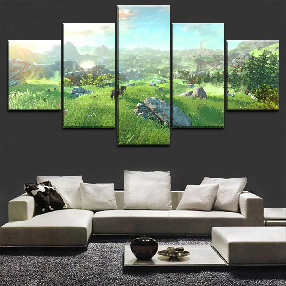 Modular Landscape Pictures Wall Art Canvas Painting Prints 5 Pieces The Legend Of Zelda Game Poster Bedroom Home Decor Frame