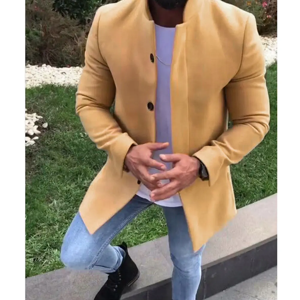 Новая мода Мужская зимняя повседневная куртка пальто длинное пальто теплая шерстяная Верхняя одежда британская Мужская Осенняя верхняя одежда тонкая куртка пальто - Цвет: Цвет: желтый