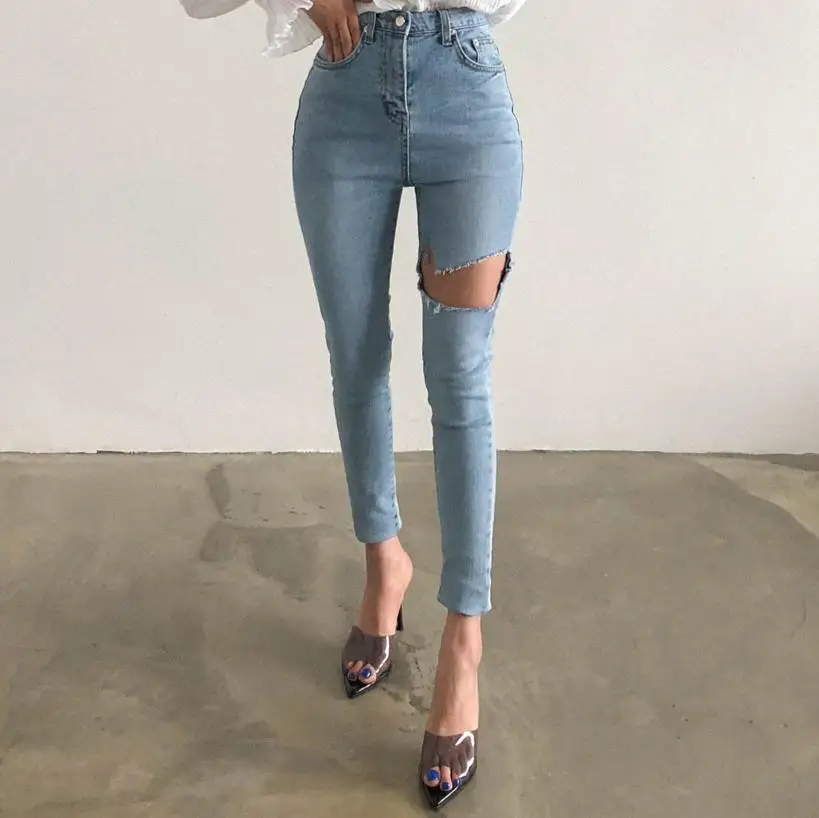 

Pengpious south American fashion big hip summer jeans women big hole at leg cropped denim pants fashion elastic pencil jeans