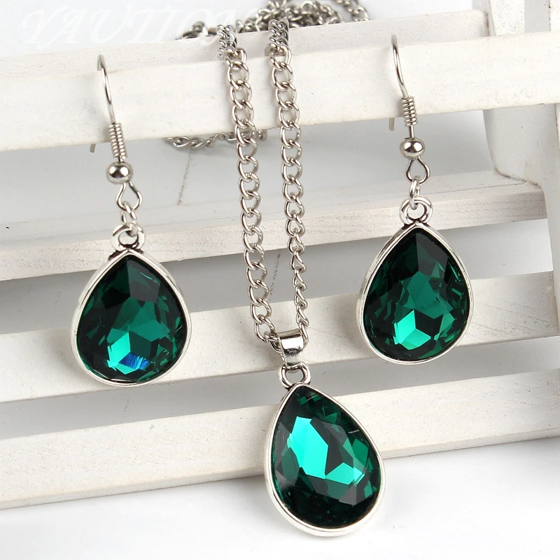 

1set Vintage silver Water drop Pendant Necklace & earrings Fashion Jewelr green