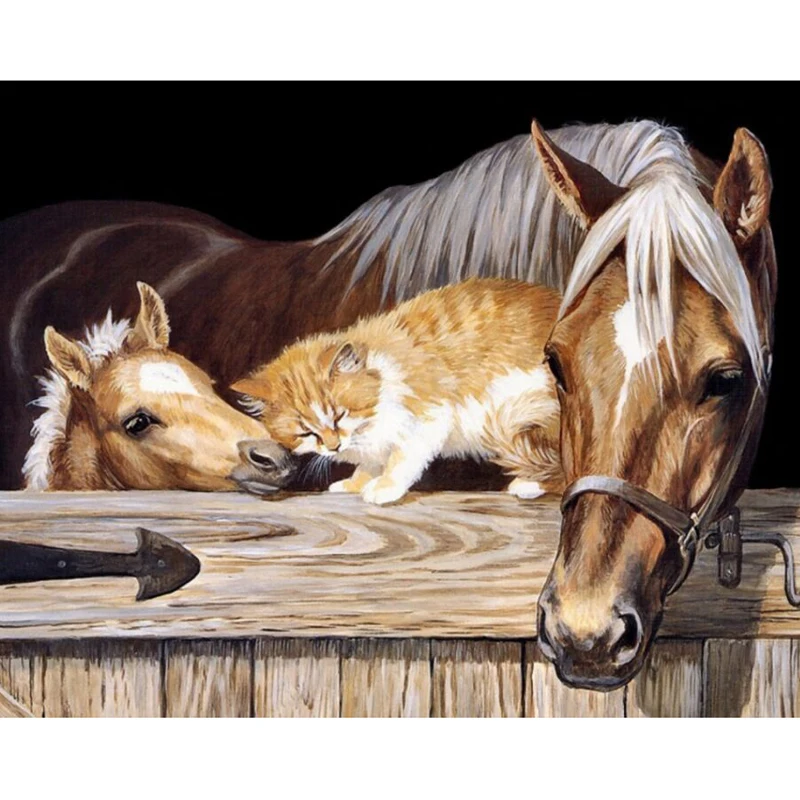 

5D Diy Diamond Painting Cross Stitch Cat & Horse Family Needlework 3D Diamond Embroidery Full Round Mosaic Decoration Resin Kits