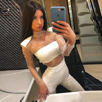 

Sexy Mesh White Black Long Sleeve Beading Long Jumpsuit 2019 New Arrivals Fashion Bandage Jumpsuit Party Jumpsuit Wholesale