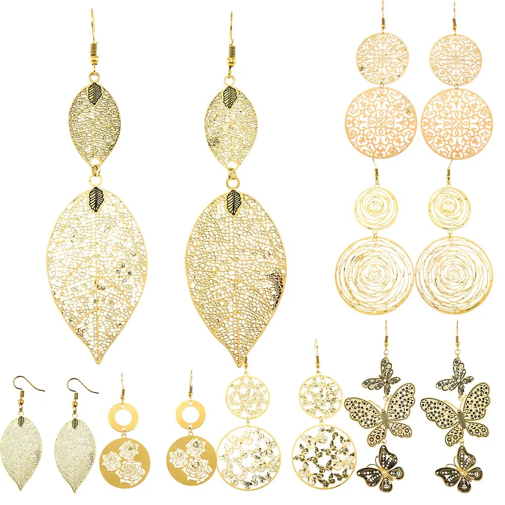 Copper Filigree Stamping Hollow Out Leaves Flowers Butterfly Earrings