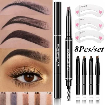 

8pcs Professional Automatic Eyebrow Pencil Eye Brow Pen with 4pcs Brush Eyebrow Stencils Cosmetic Makeup Tools Kit