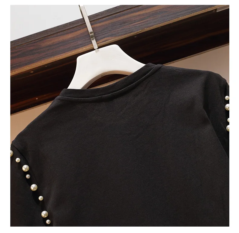Summer летняя Женская Роскошная качественная черная хлопковая футболка с короткими рукавами и бисером+ сетчатая Лоскутная черная клетчатая юбка комплекты из 2 предметов