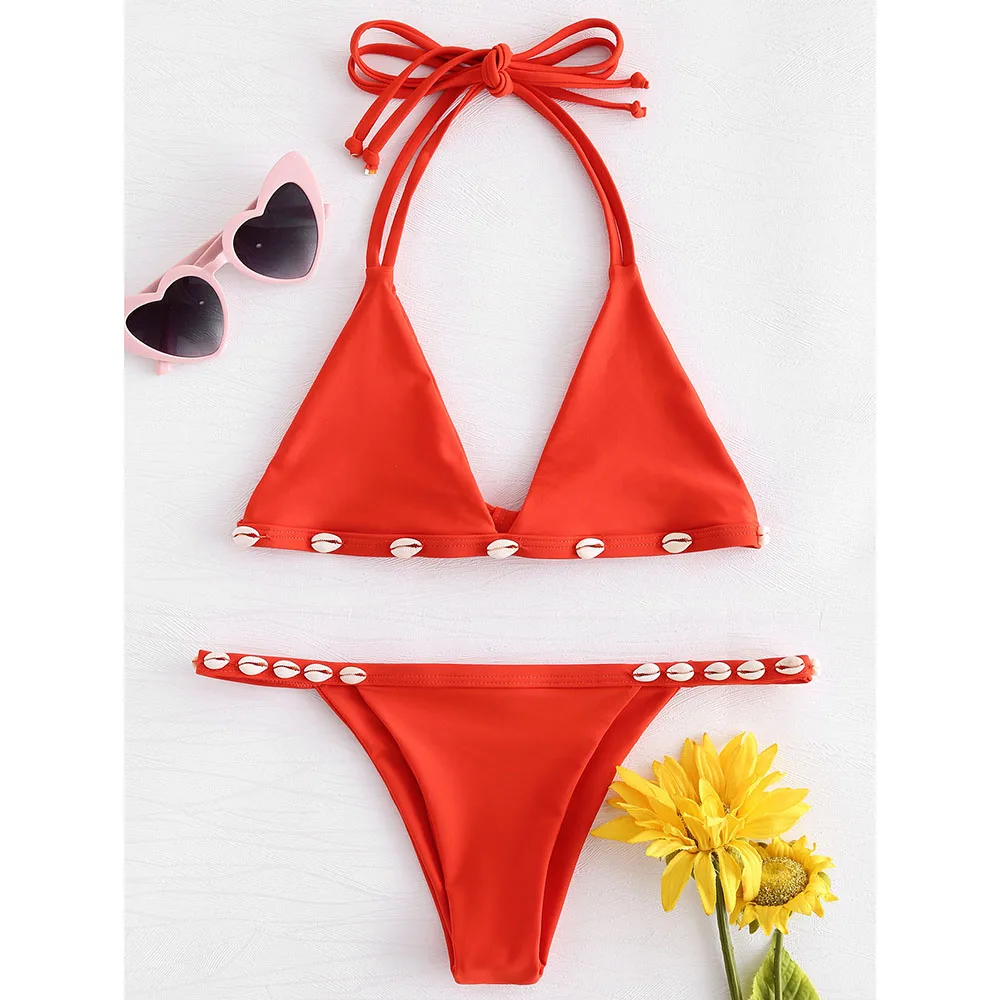 

ZAFUL Shell Bikini Stylish Halter Solid Color With Shell Women Swimsuit Swimwear Sexy Bralette Thong Bikini String Swimmsuit