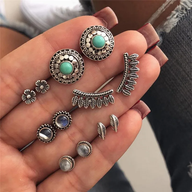

6 Pairs/Set Women Fashion Green Purple Opal Earrings for Wedding Party Flower Pattern Stud Earrings Set Jewelry