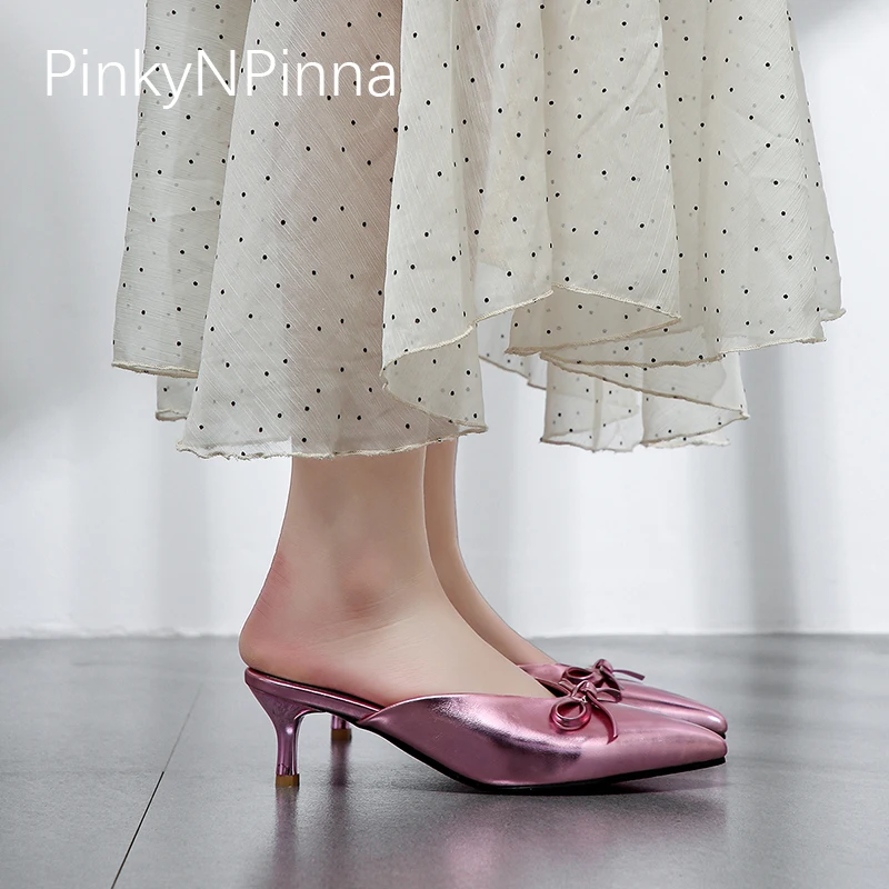 Г., новые дизайнерские тапочки женские туфли-сабо из лакированной кожи с узлом-бабочкой, на высоком каблуке, без шнуровки, с острым носком