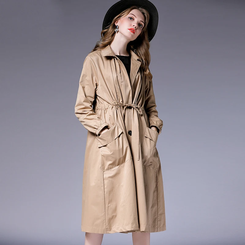 

2019 fashion design women autumn trench coat with sash plus size big pockets women casual long coat Khaki black color