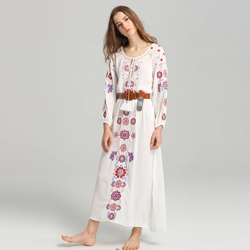 Floral Embroidery Folk Bohemian Style Loose Long Dress with Belt White Exquisite Popular Maxi 