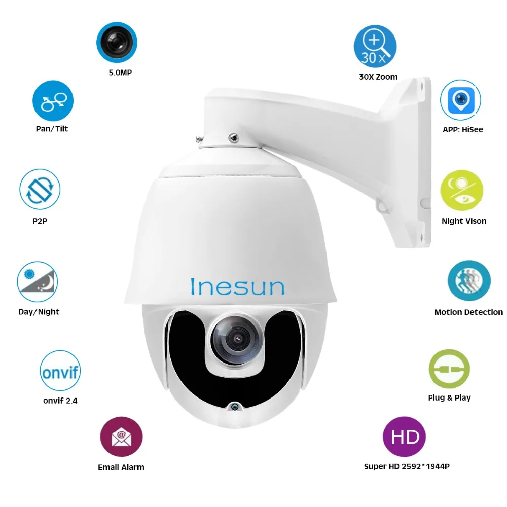 Inesun Outdoor PTZ IP Security Camera 2MP 4MP 5MP Super HD 30x Optical Zoom Video Surveillance IR Night Vision Motion Detection