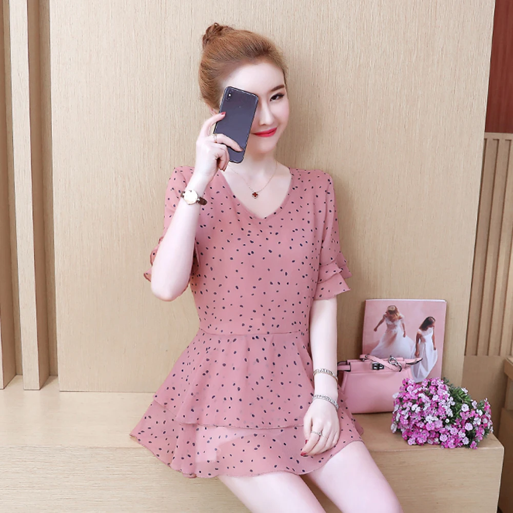 Spring and summer new style L-5XL large size chiffon short sleeve top Fashionable V-neck chiffon shirt