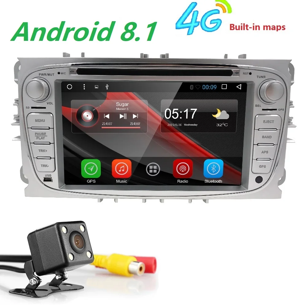 Perfect Hizpo 2 din Android 7.1 8.1 Quad Core Car DVD Player GPS Navi for Ford Focus Galaxy Audio Radio Stereo wifi Head Unit 1024*600 1